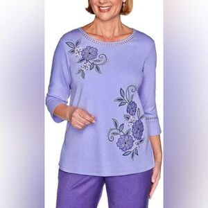 💜 Alfred Dunner “Wisteria Lane” Petite Embroidered Floral Top PM